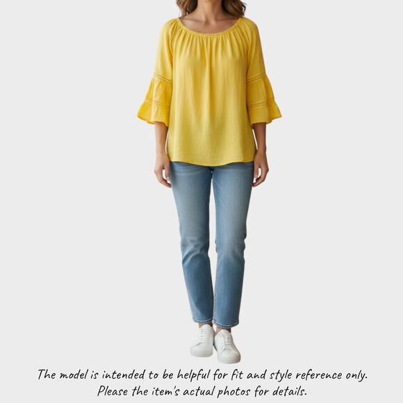 C est 1946 Large Yellow Bell 1/2 Sleeve Round Neck Guazy Top Ryaon Polyester - Picture 1 of 10